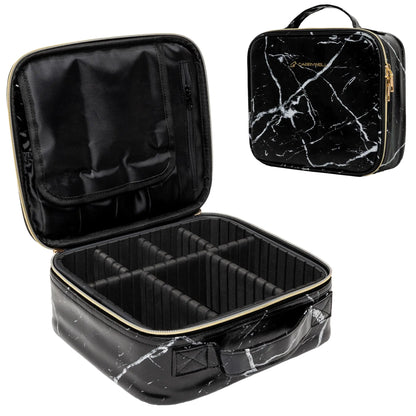 Carrywell |Not Made In China| Makeup Train Case Cosmetic Travel Organizer For Professional Beauty Artist Portable Storage Bag W/Adjustable Dividers For Jewelry and Brushes (2 Marble Small)