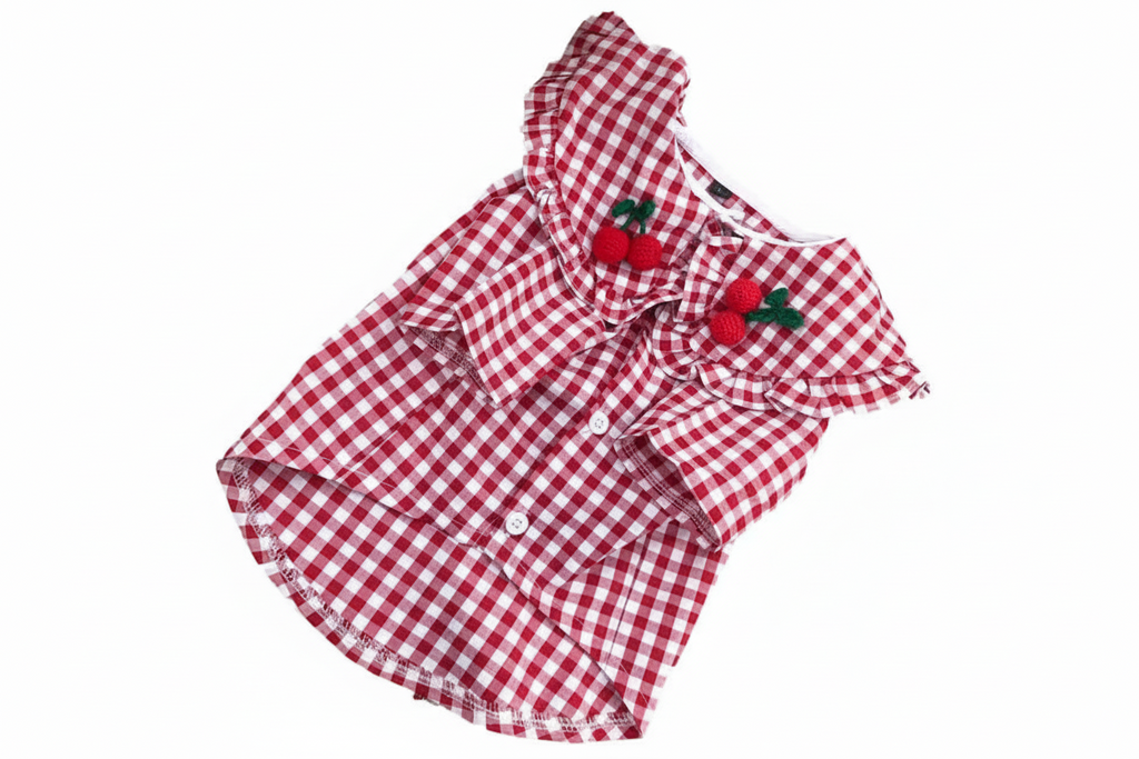 Red and white checkered dress with cherry details on a white background