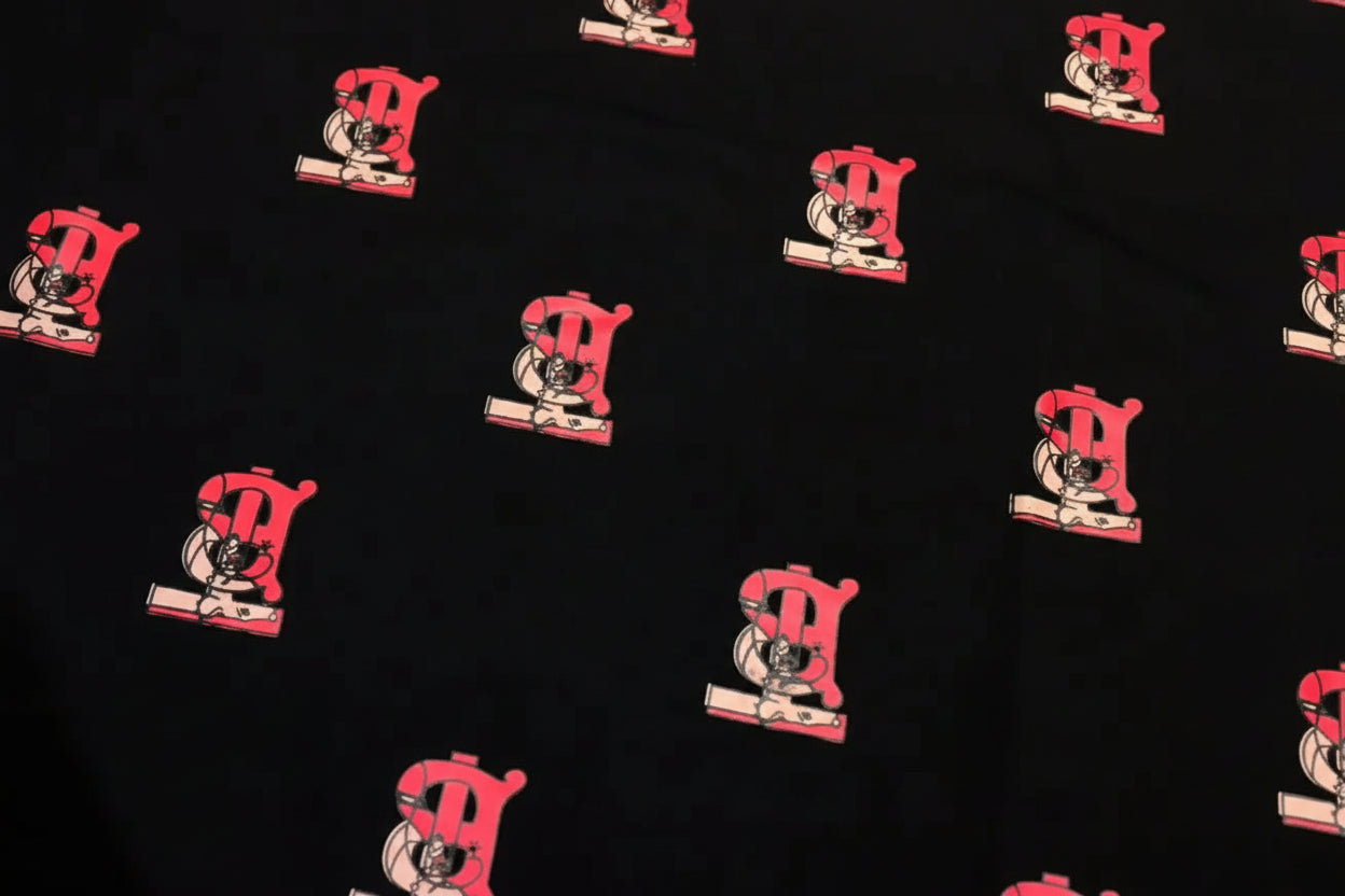 Red and black logo pattern on a black background