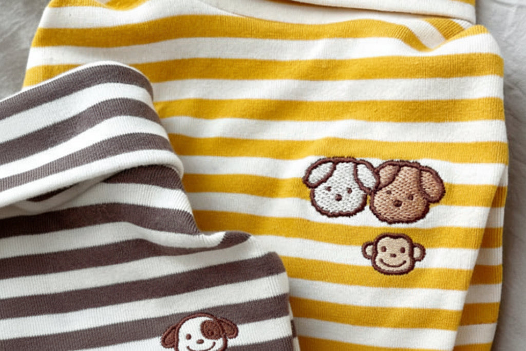 Yellow and white striped fabric with a brown dog embroidery on a gray background