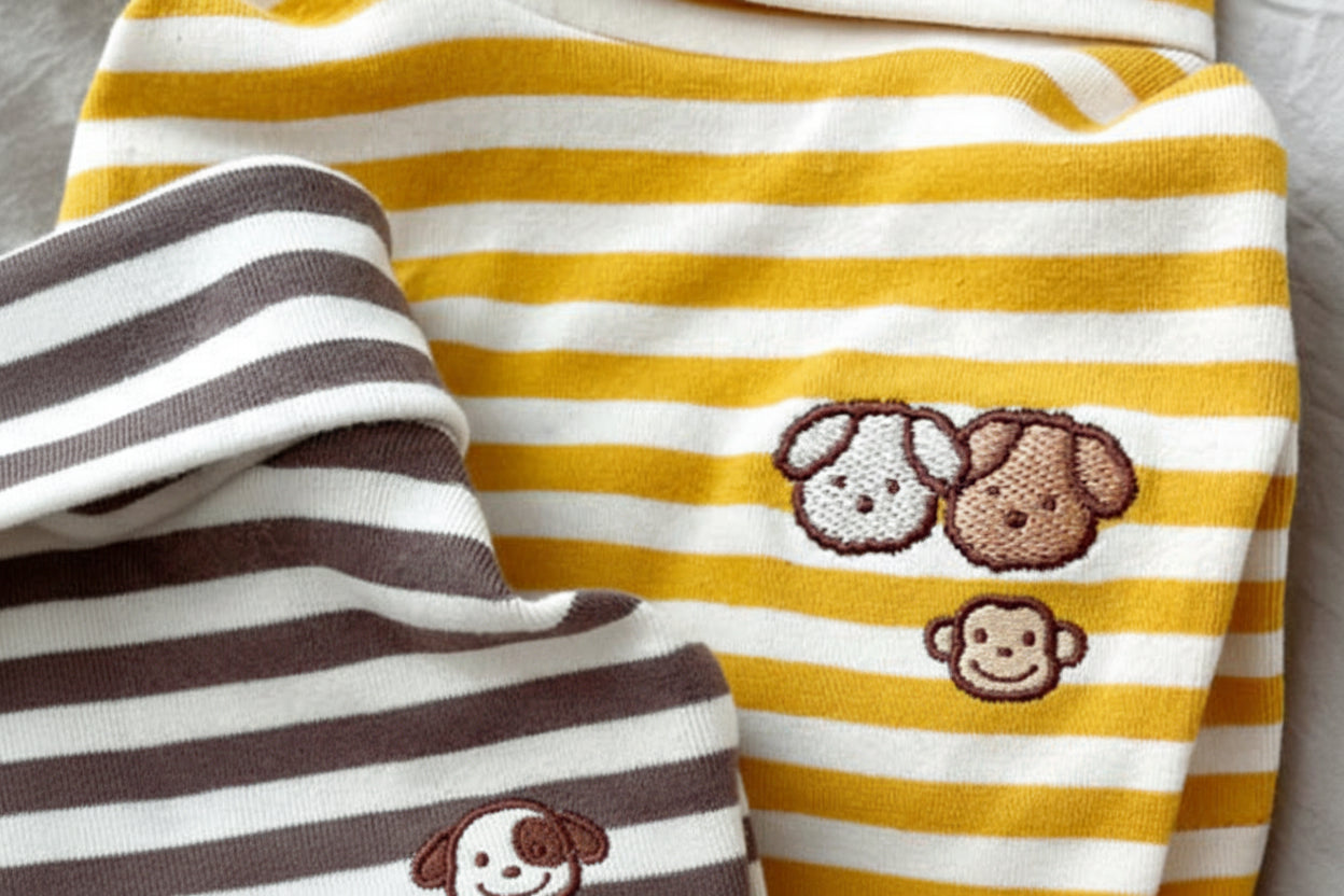 Yellow and white striped fabric with a brown dog embroidery on a gray background