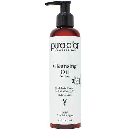 PURA DOR 8 Oz Facial Cleansing Oil - Nourishing Botanical Blend with & Vitamin Jojoba and Sunflower Oil - Gentle Makeup Remover & Deep Cleanser For Healthy Glowing Skin - Paraben-Free Beauty