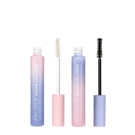 Pacifica Beauty Vegan Collagen Lash Serum and Primer & Fluffy Lash Mascara Duo Set Makeup Black Mascara Volumizing Lengthening Conditioning Vitamin B & E Eyelash Serum Eye Makeup (Set of 2)