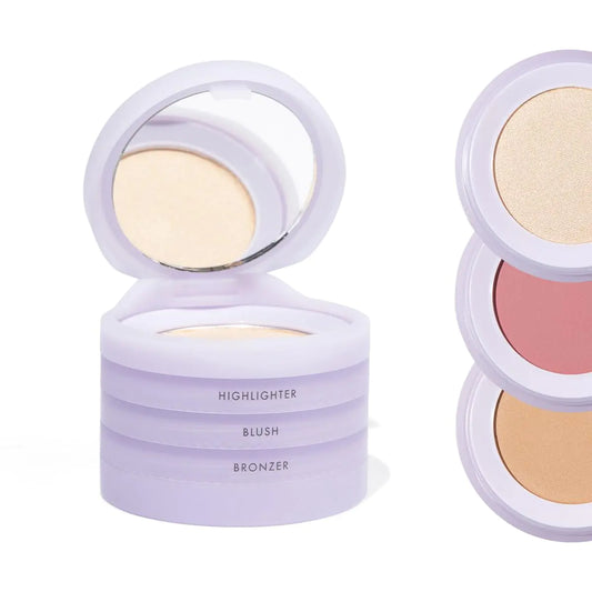 Subtl Beauty 3-in-1 travel makeup kit by subtl staks | powder blush bronzer and highlighter | includes mirror lid and mini brush | for fair-light skin tones