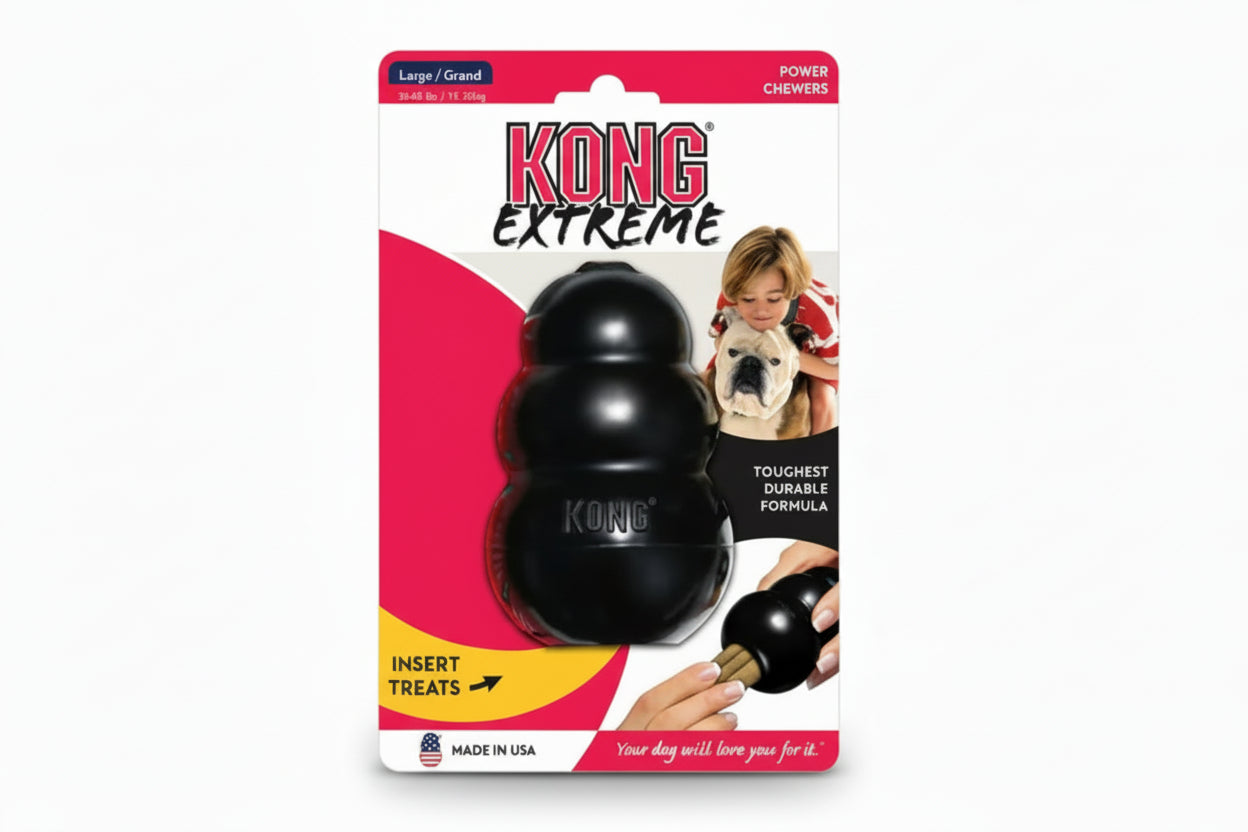 Kong Extreme dog toy packaging with a black toy and text on a white background