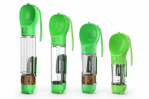 Set of green pet feeders with varying capacities on a white background