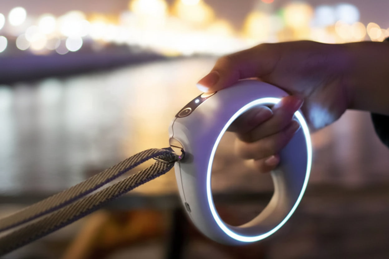 Hand holding a glowing circular device with a blurred background