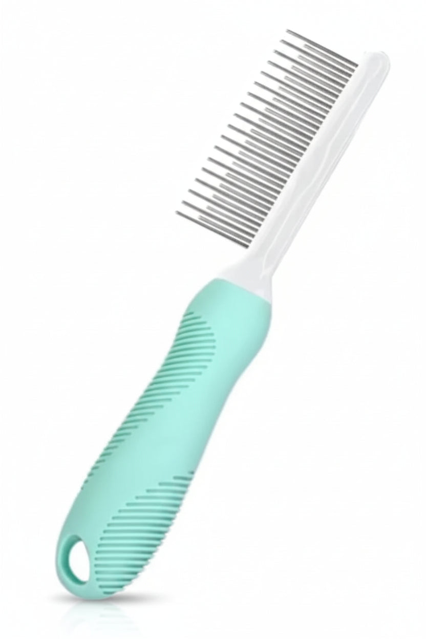 Pet grooming comb with green handle on a white background