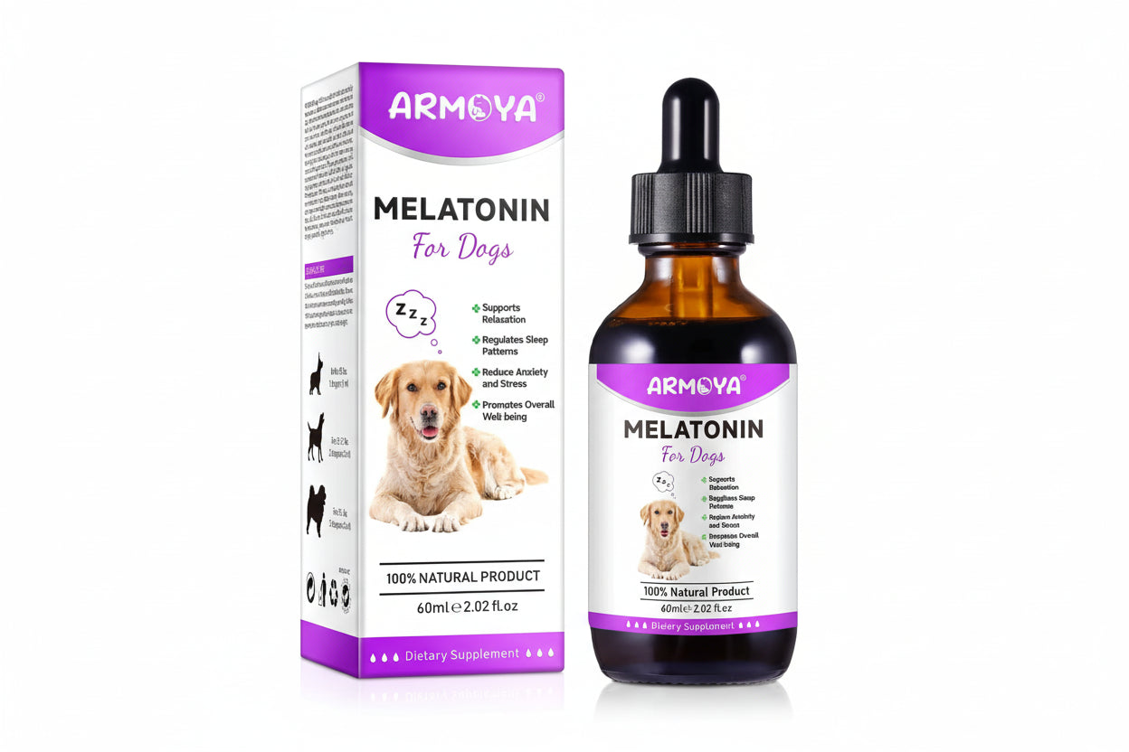 Armoya Melatonin for dogs packaging and bottle on a white background